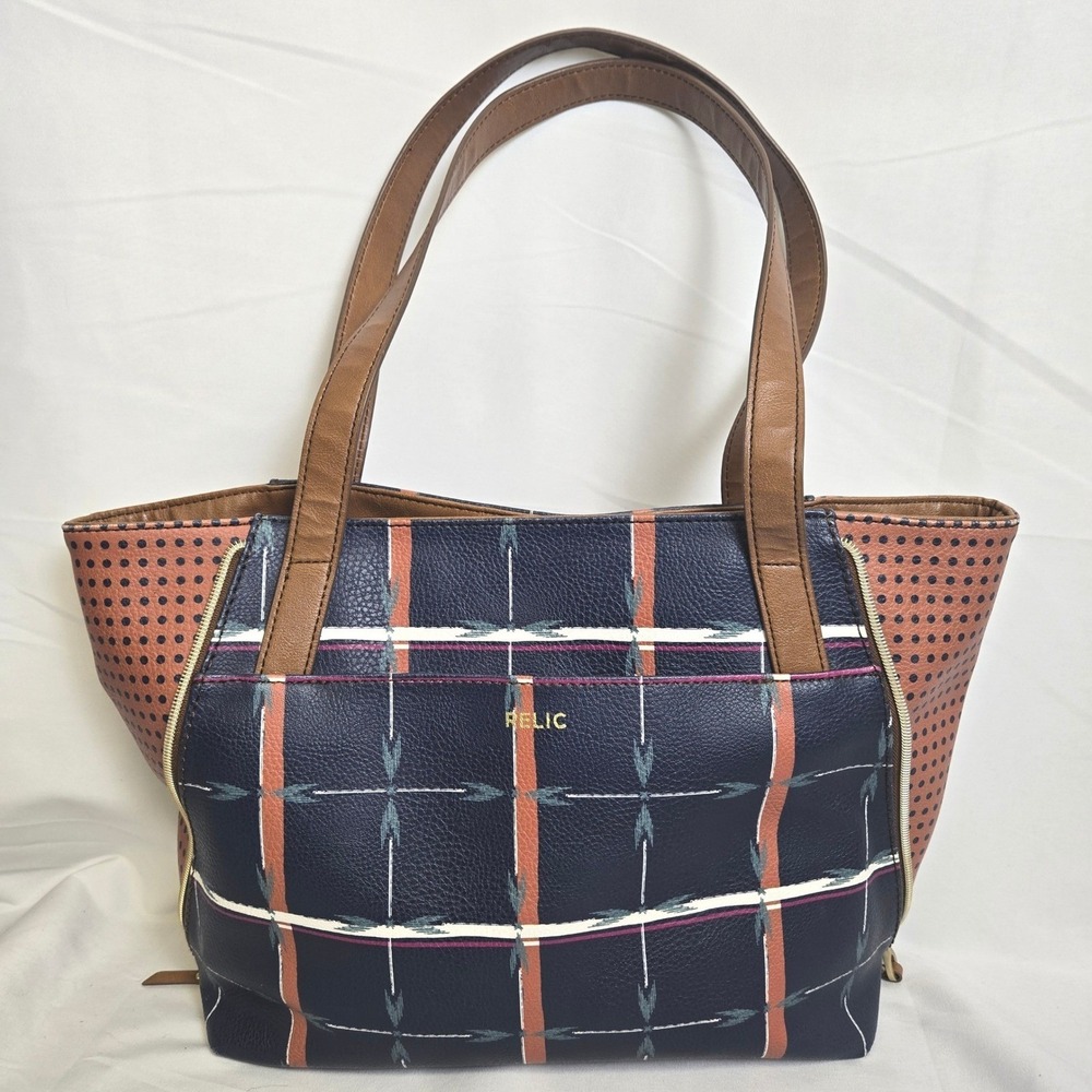 Relic by Fossil Emma Tote Shoulder Bag Convertible‎ Navy Plaid Southwest RLH4527